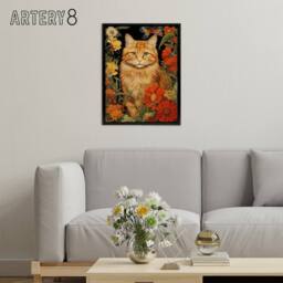 "Artery8 Ginger Tabby Cat Floral Painting Framed Canvas Wall Art Print in Green - Size: W12"" x H16""" - thumbnail 3