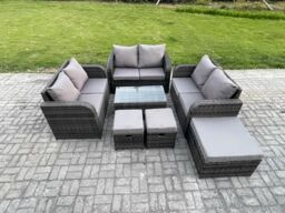 Fimous Outdoor Garden Furniture Sets 9 Seater Wicker Rattan Furniture Sofa Sets with Rectangular Coffee Table Love Sofa 3 Footstools in Dark Grey - thumbnail 1