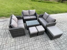 Fimous Outdoor Garden Furniture Sets 9 Seater Wicker Rattan Furniture Sofa Sets with Rectangular Coffee Table Love Sofa 3 Footstools in Dark Grey - thumbnail 2