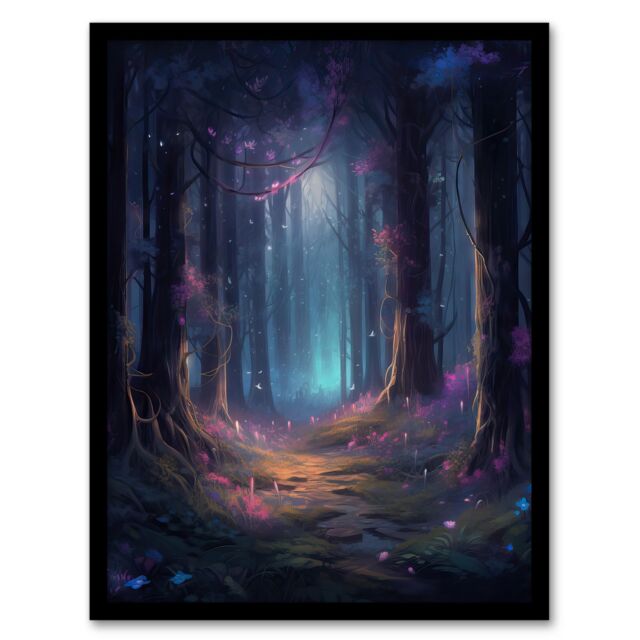 Artery8 Wall Art Print Enchanted Forest w/ Bioluminescent Flowers Oil Painting Pink Blue Green Serene Fantasy Landscape Colourful Magical Nature - image 1