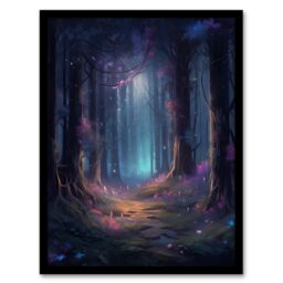 Artery8 Wall Art Print Enchanted Forest w/ Bioluminescent Flowers Oil Painting Pink Blue Green Serene Fantasy Landscape Colourful Magical Nature - thumbnail 1