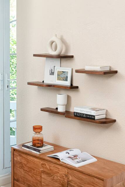 MH London Set of 4 Wall Mounted Shelves, Floating Display Shelf & Storage Shelves in Solid Mango Wood - Dale in Walnut - image 1