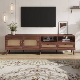 Matteo Dark Wood Rattan TV Stand with Storage - Fits Up To 90 Inch TVs in Brown