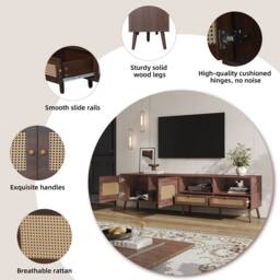 Matteo Dark Wood Rattan TV Stand with Storage - Fits Up To 90 Inch TVs in Brown - thumbnail 6