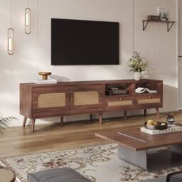Matteo Dark Wood Rattan TV Stand with Storage - Fits Up To 90 Inch TVs in Brown - thumbnail 4