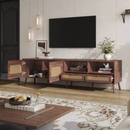 Matteo Dark Wood Rattan TV Stand with Storage - Fits Up To 90 Inch TVs in Brown - thumbnail 2