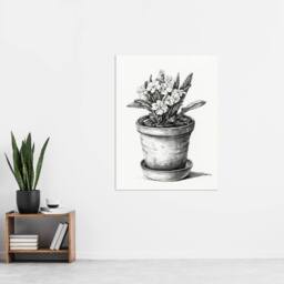 "Artery8 Potted Flowering Plant Pencil Drawing Bernard Wall Art Print Poster in White - Size: W12"" x H16""" - thumbnail 4