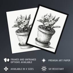 "Artery8 Potted Flowering Plant Pencil Drawing Bernard Wall Art Print Poster in White - Size: W12"" x H16""" - thumbnail 2
