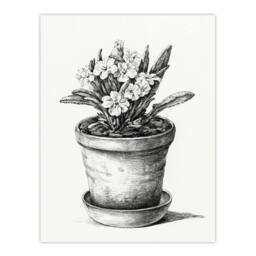 "Artery8 Potted Flowering Plant Pencil Drawing Bernard Wall Art Print Poster in White - Size: W12"" x H16""" - thumbnail 1