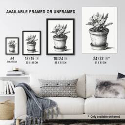 "Artery8 Potted Flowering Plant Pencil Drawing Bernard Wall Art Print Poster in White - Size: W12"" x H16""" - thumbnail 3