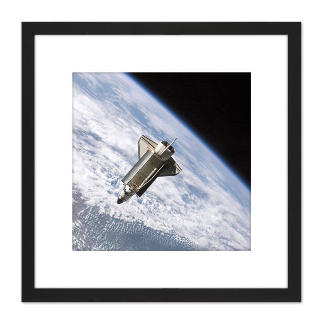 Artery8 Space NASA Shuttle Atlantis Over Earth Photo 8X8 Inch Square Wooden Framed Wall Art Print Picture with Mount in Black - image 1
