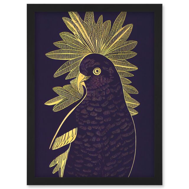 Artery8 Detailed Stylish Dark Deep Purple Yellow Gold Parrot Tropical Plant Illustration Artwork Framed Wall Art Print A4 in Black - image 1