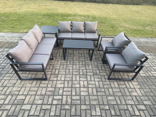 Fimous Aluminium 6 Pieces Garden Furniture Set with Cushions 8 Seater Outdoor Patio Lounge Sofa Set with 2 Armchairs Side Table Dark Grey - image 1