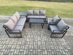 Fimous Aluminium 6 Pieces Garden Furniture Set with Cushions 8 Seater Outdoor Patio Lounge Sofa Set with 2 Armchairs Side Table Dark Grey - thumbnail 1