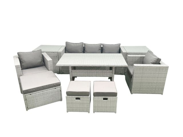 Fimous Garden Dining Set Outdoor Rattan Furniture Set with Sofa Dining Table 2 Chairs 3 Footstools 2 Side Tables Light Grey Mixed - image 1