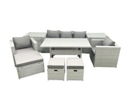 Fimous Garden Dining Set Outdoor Rattan Furniture Set with Sofa Dining Table 2 Chairs 3 Footstools 2 Side Tables Light Grey Mixed - thumbnail 1