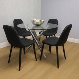 KOSY KOALA Round Clear Glass Dining Table Set with 4 Black Faux Leather Chairs - thumbnail 1