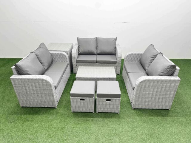Fimous 8 Seater PE Wicker Rattan Furniture Sofa Sets with Rectangular Coffee Table 2 Seater Love Sofa 2 Stool Side Table Light Grey - image 1