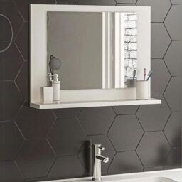 EONLION Modern Wooden Wall Mounted Bathroom Mirror With Cosmetics Shelf Vanity Storage in White - thumbnail 4