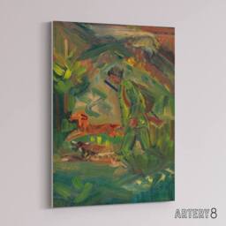 "Artery8 Walking Hunter Huntsman With Dogs Kubincan Canvas Wall Art in Green - Size: W18"" x H24""" - thumbnail 2