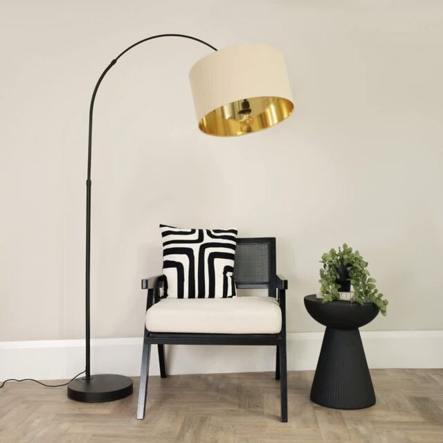 ValueLights Louis Beige & Gold Lamp Shade Black Arched Curved Floor Lamp with Bulb - image 1