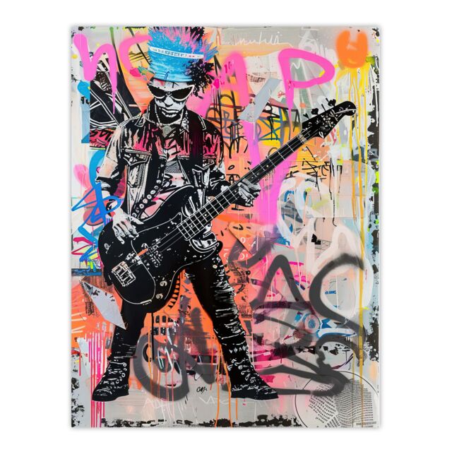"Artery8 Punk Music Bass Guitarist Colourful Street Art Wall Art Print - Size: W24"" x H32""" - image 1