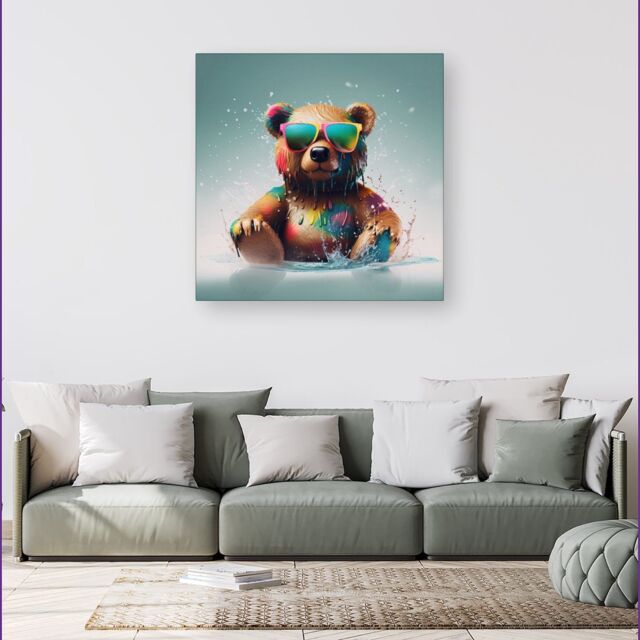 Warren Reed - Designer Splashart Bear In Glasses Canvas - Size: w40 inch x h40 inch - image 1