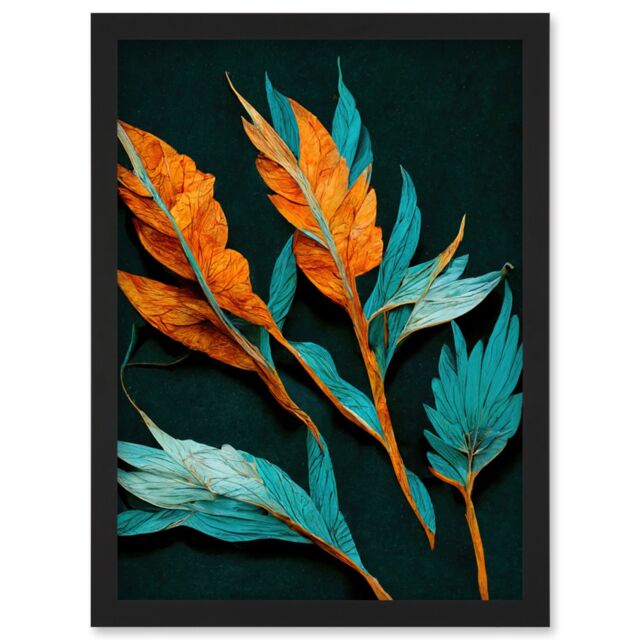 Artery8 Striking Modern Bright Teal & Orange Detailed Dried Leaves on Black Artwork Framed Wall Art Print A4 - image 1