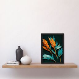 Artery8 Striking Modern Bright Teal & Orange Detailed Dried Leaves on Black Artwork Framed Wall Art Print A4 - thumbnail 2