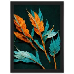 Artery8 Striking Modern Bright Teal & Orange Detailed Dried Leaves on Black Artwork Framed Wall Art Print A4 - thumbnail 1