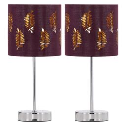 First Choice Lighting Set of 2 Chrome Touch Operated Table Lamps with Burgundy Fern Shade in Silver