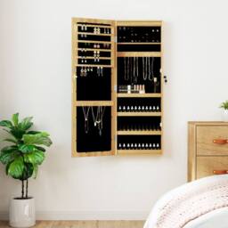 Berkfield Home Mirror Jewellery Cabinet with LED Lights Wall Mounted in Brown - thumbnail 2