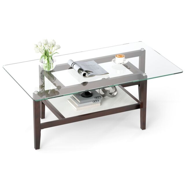 Gymax Glass Coffee Table 2-Tier Coffee Table With Storage Shelf-Brown in Brown - image 1