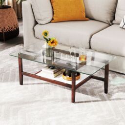 Gymax Glass Coffee Table 2-Tier Coffee Table With Storage Shelf-Brown in Brown - thumbnail 3