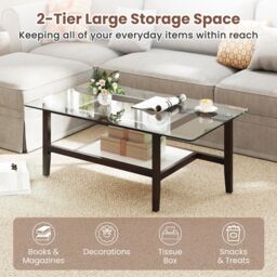 Gymax Glass Coffee Table 2-Tier Coffee Table With Storage Shelf-Brown in Brown - thumbnail 7