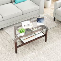 Gymax Glass Coffee Table 2-Tier Coffee Table With Storage Shelf-Brown in Brown - thumbnail 5
