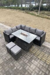 Fimous Rattan Garden Corner Furniture Gas Fire Pit Table Sets 8 Seater in Dark Grey - thumbnail 4