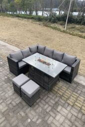 Fimous Rattan Garden Corner Furniture Gas Fire Pit Table Sets 8 Seater in Dark Grey - thumbnail 1