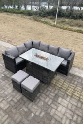 Fimous Rattan Garden Corner Furniture Gas Fire Pit Table Sets 8 Seater in Dark Grey - thumbnail 3