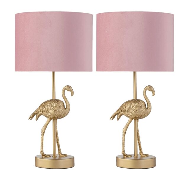 First Choice Lighting Set of 2 Flamingo - Gold Table Lamps with Pink Velvet Shades - image 1
