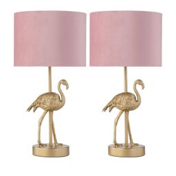 First Choice Lighting Set of 2 Flamingo - Gold Table Lamps with Pink Velvet Shades