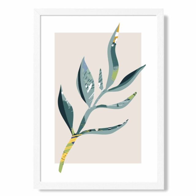 ARTZE Papyrus Leaf Teal & Green Mid Century Modern Framed Print SIZE: A3 with White Frame - Size: A2 - image 1