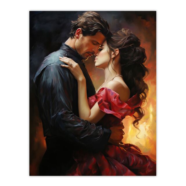 "Artery8 Wall Art Print The Embrace Oil Painting Lovers Passionate Flamenco Dance Bedroom Art Poster in Orange - Size: W24"" x H32""" - image 1