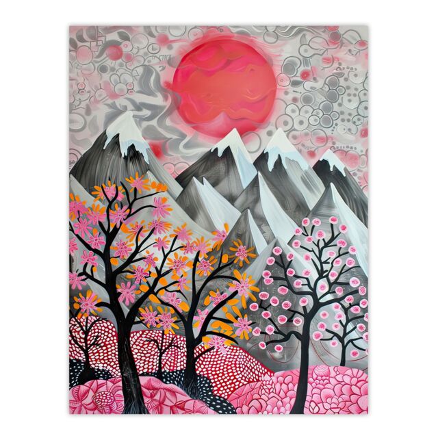 "Artery8 Mountain Snow Peaks Pink Blossom Tree Japanese Wall Art Print - Size: W12"" x H16""" - image 1