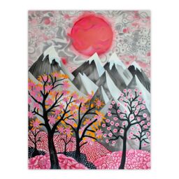 "Artery8 Mountain Snow Peaks Pink Blossom Tree Japanese Wall Art Print - Size: W12"" x H16""" - thumbnail 1