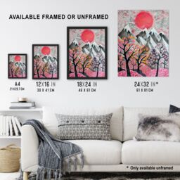 "Artery8 Mountain Snow Peaks Pink Blossom Tree Japanese Wall Art Print - Size: W12"" x H16""" - thumbnail 3