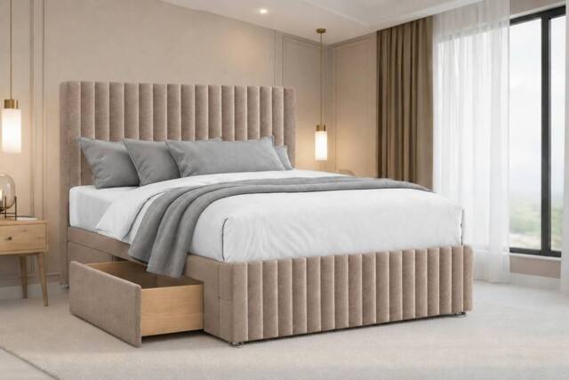 "Nexus Mattresses Ltd Verona Plush Divan Bed Base 4 Drawers - 12"" Footboard & 26"" Headboard in Bronze - Size: King" - image 1