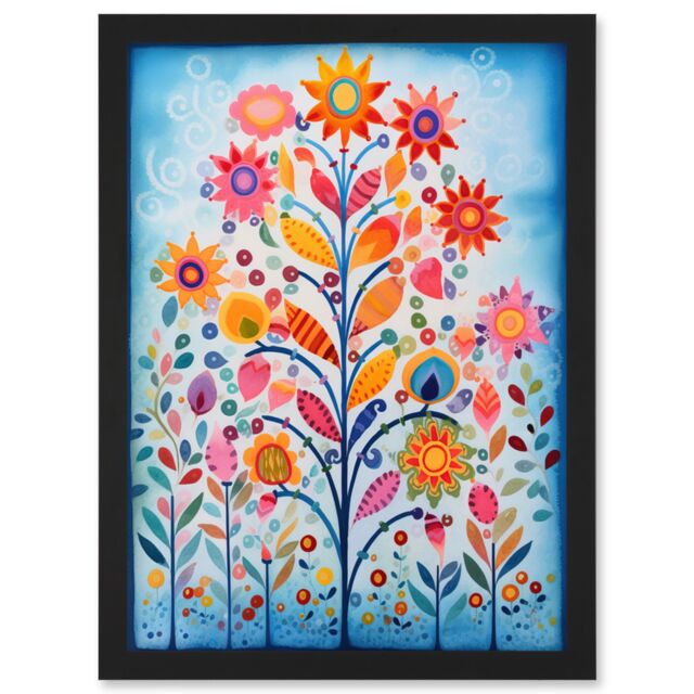 Artery8 Blooming Flowering Plant Pattern Folk Art Watercolour Painting Artwork Framed Wall Art Print A4 in Black - image 1