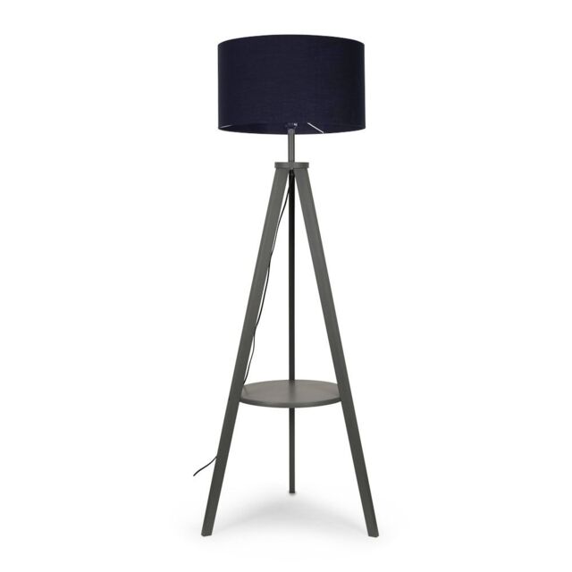 ValueLights Morrigan Grey Wood Tripod Floor Lamp with Fabric Drum Shade & Bulb in Dark Navy - image 1