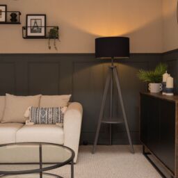 ValueLights Morrigan Grey Wood Tripod Floor Lamp with Fabric Drum Shade & Bulb in Dark Navy - thumbnail 3